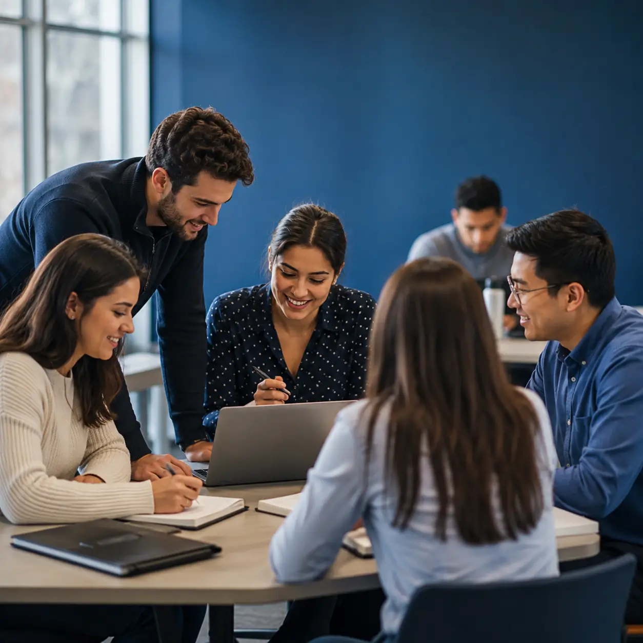 Profesionales colaborando en un entorno de aprendizaje mientras desarrollan habilidades de negocios y liderazgo.