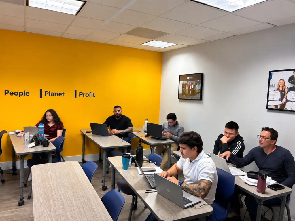Estudiantes de la primera cohorte del Master in Financial Analytics de Westfield Business School durante una sesión presencial en Miami